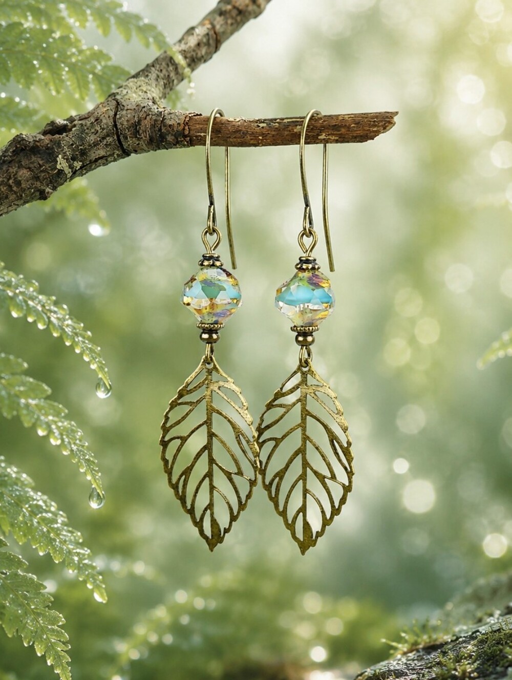 Leaf Earrings Brass Czech Glass Nature Dangles Botanical Woodland Hand Crafted